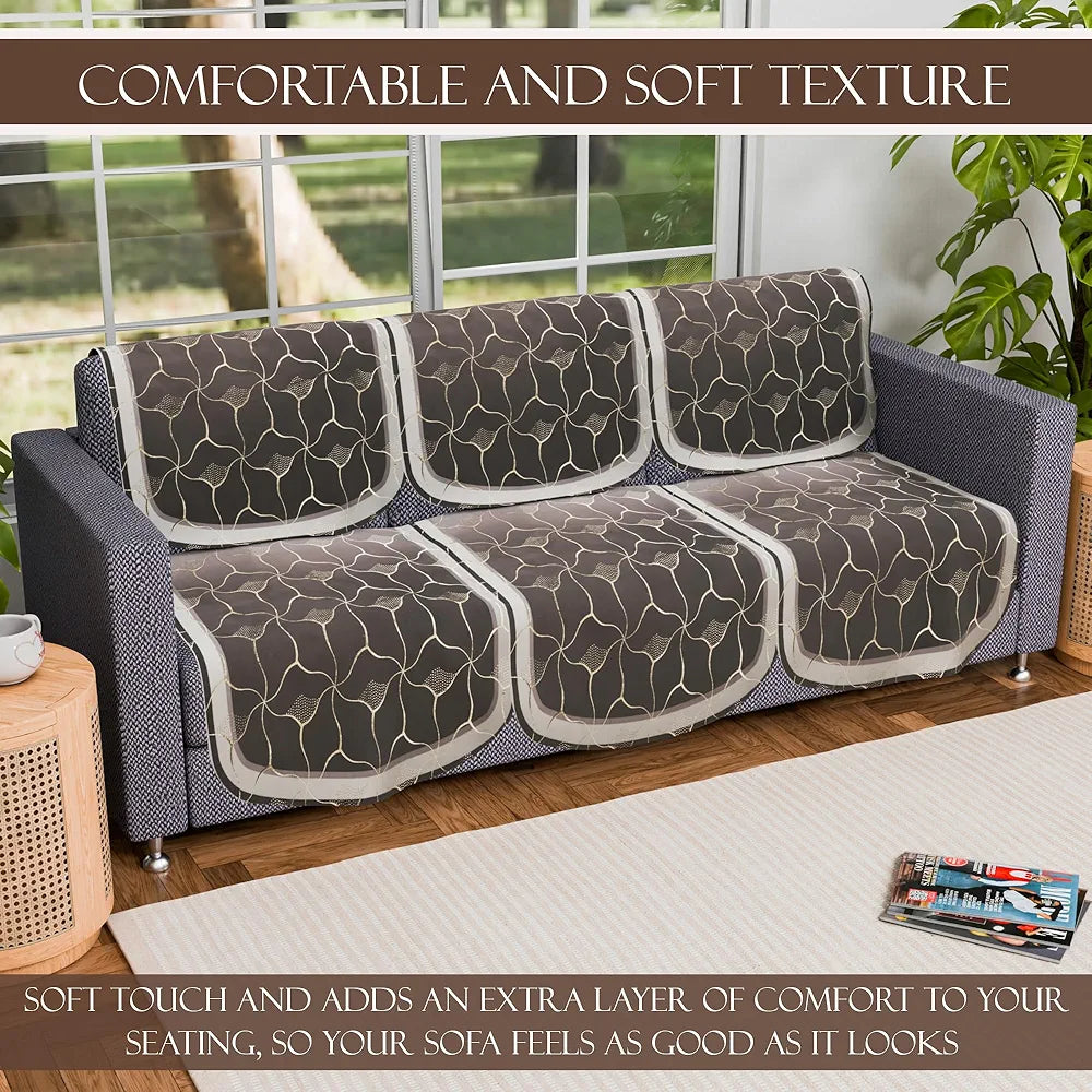 Kuber Industries Set of 6 Durable 3 Seater Sofa Cover for Living Room | Easy Machine Washable Sofe ke cover for Protection & Comfort for Home Furniture | Arabica Look - Brown & Golden Foil